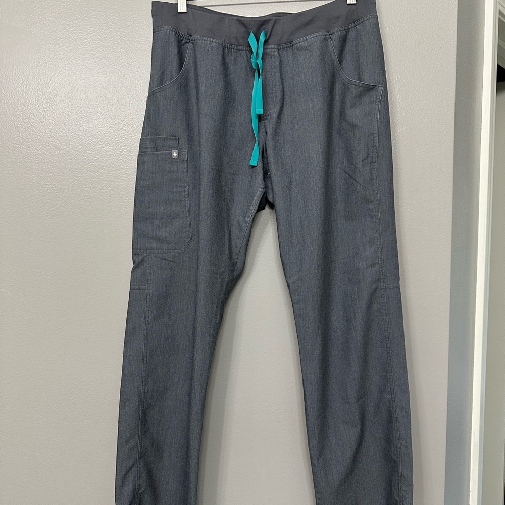 Figs Ladies Gray Pants with Teal Accents